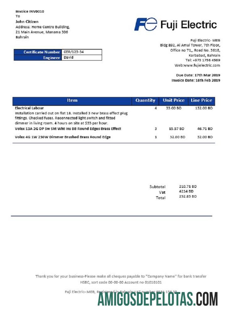 Conta de serviço público de eletricidade do Bahrain Falcon Electrical S.P.C exemplo
